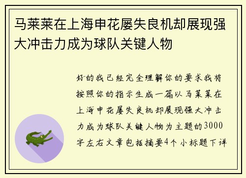 马莱莱在上海申花屡失良机却展现强大冲击力成为球队关键人物